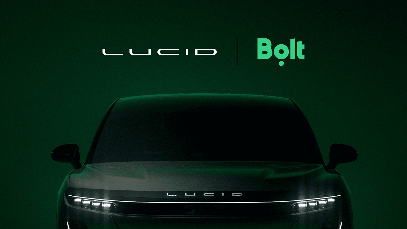 Lucid i Bolt: grafika partnerstwa z logotypami obu firm i autonomicznym samochodem elektrycznym