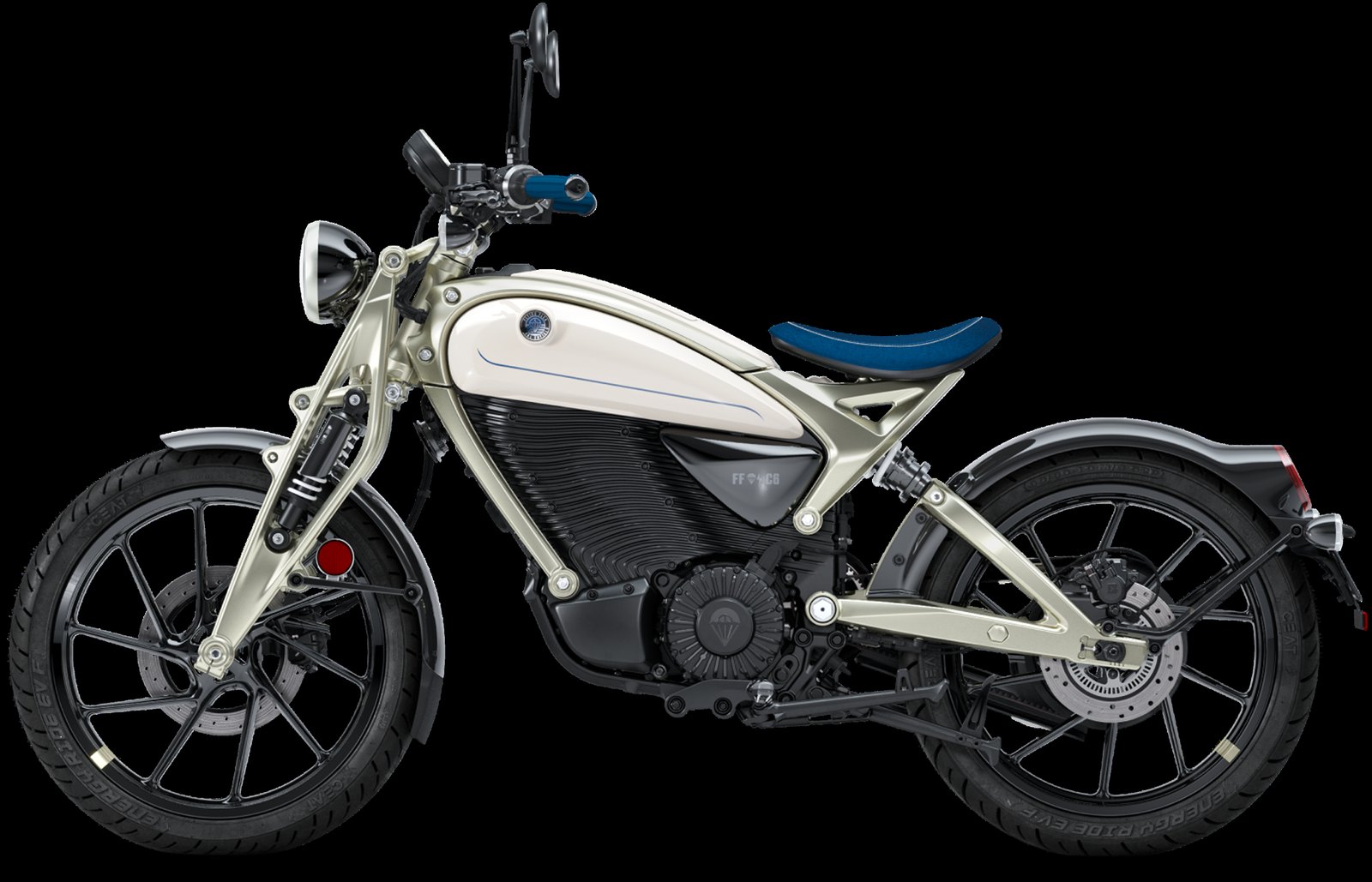 Flying Flea C6 w kolorze Parachute White — elektryczny motocykl Royal Enfield z profilu