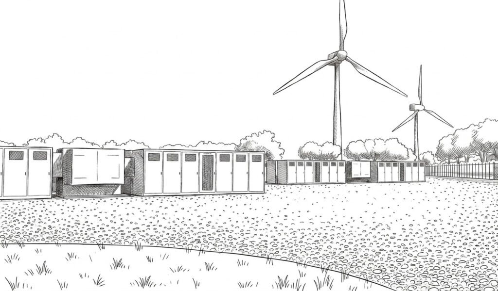 Wizualizacja magazynu energii w Belgii: kontenery bateryjne Green Turtle obok turbin wiatrowych