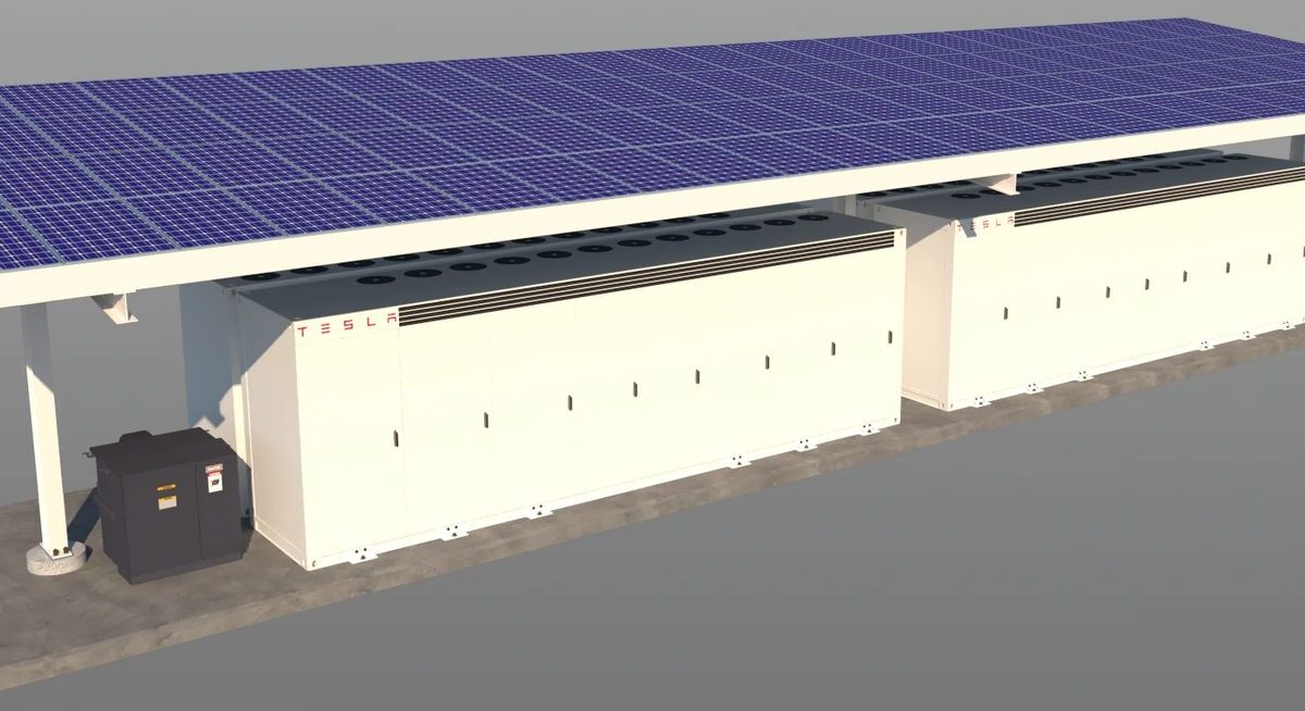 Kontenerowe magazyny energii Tesla Megapack pod zadaszeniem PV