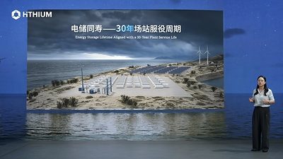 Wizualizacja parku magazynów energii Hithium na wybrzeżu z turbinami wiatrowymi w tle