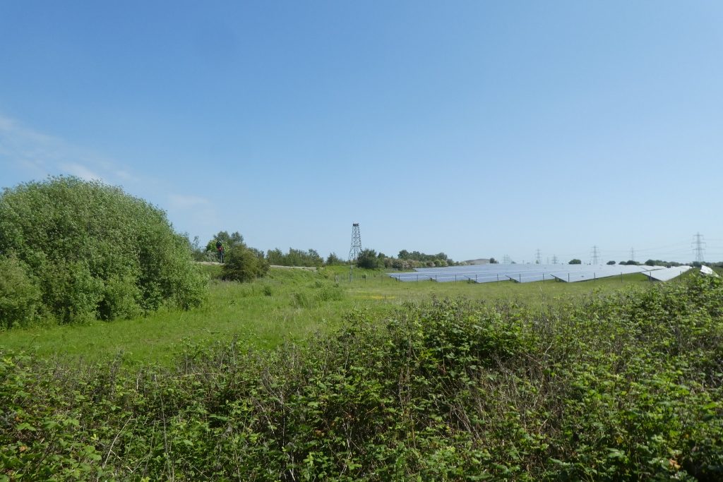 Park fotowoltaiczny z rzędami modułów, ilustracja do projektu West Oxfordshire Energy Park