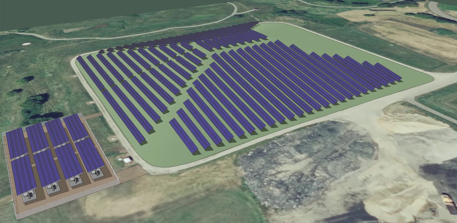 Rzędy kontenerów bateryjnego magazynu energii przy instalacji fotowoltaicznej