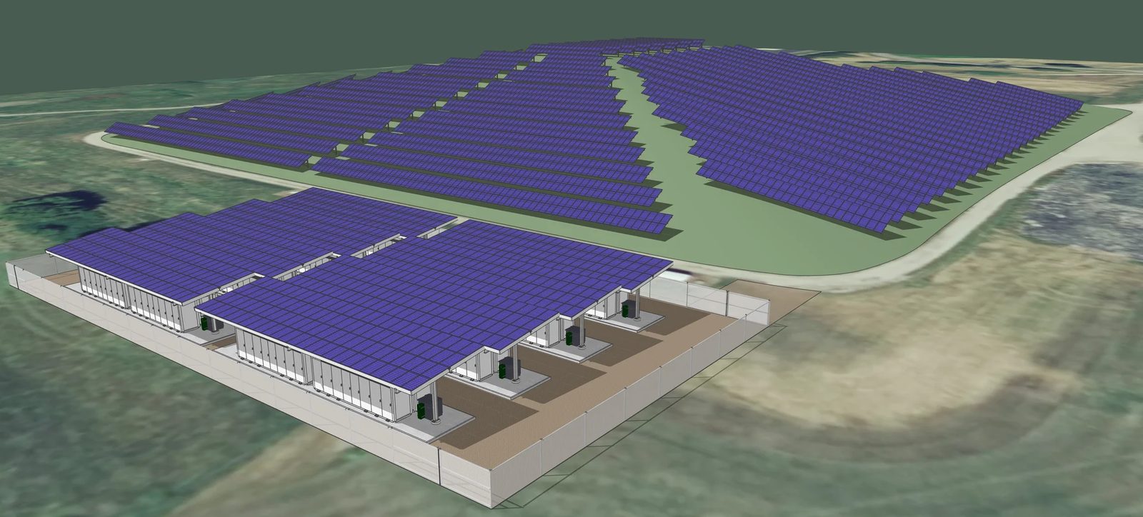 Rzędy kontenerów bateryjnego magazynu energii przy zadaszeniu fotowoltaicznym