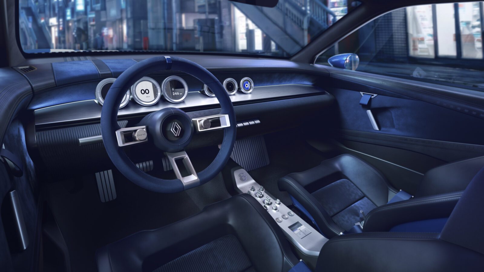Wnętrze Renault 8 Gordini Concept z okrągłymi zegarami i kierownicą
