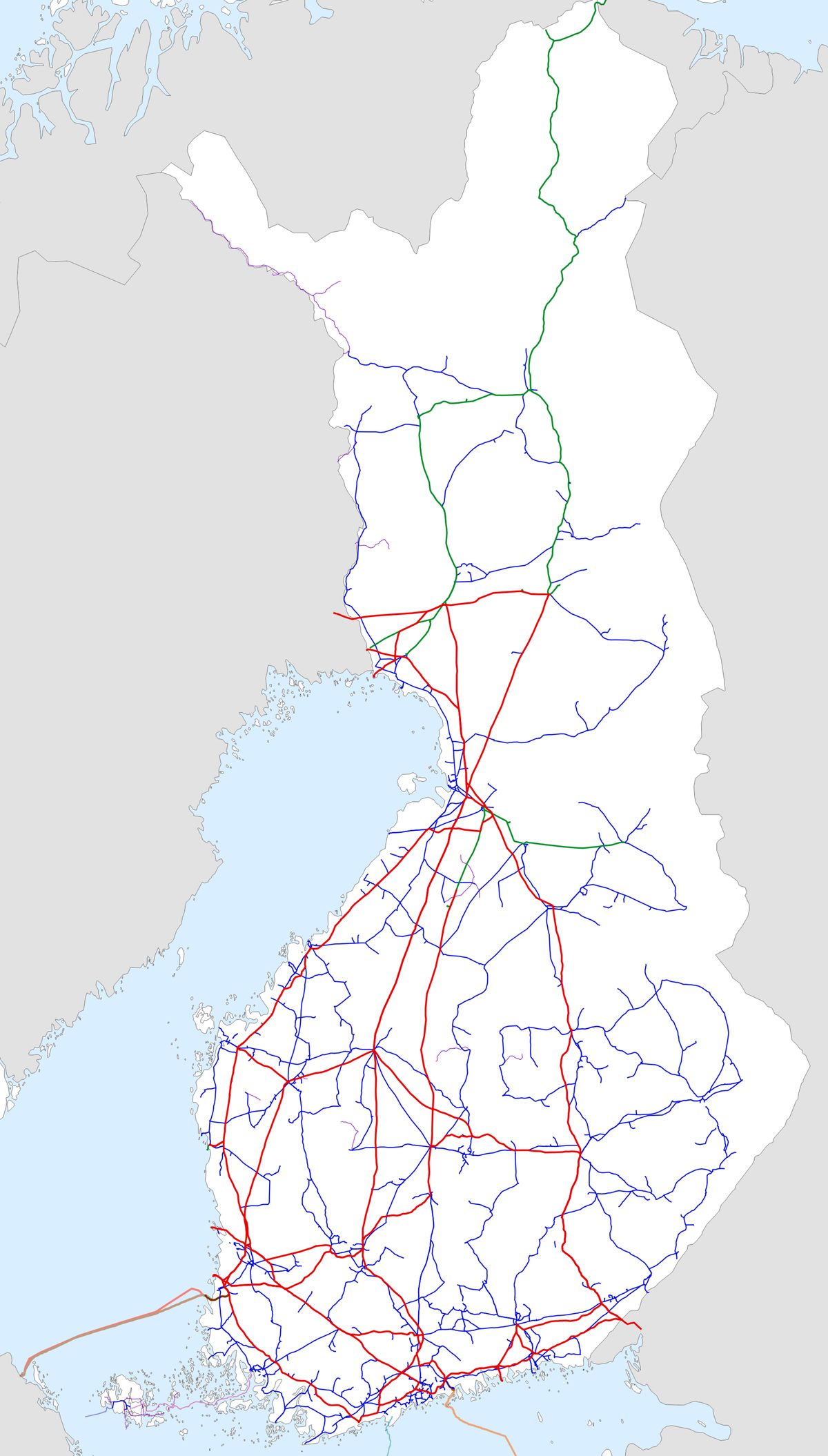 Mapa sieci przesyłowej i dystrybucyjnej Finlandii