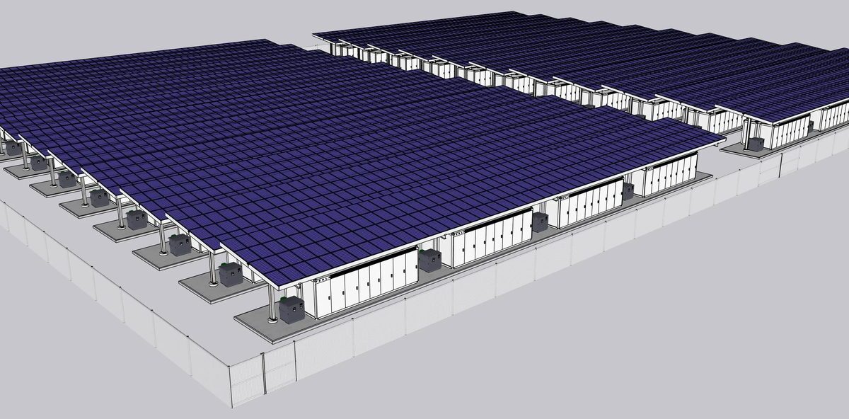 Magazyn energii Tesli – kontenery Megapack z zadaszeniem z paneli fotowoltaicznych