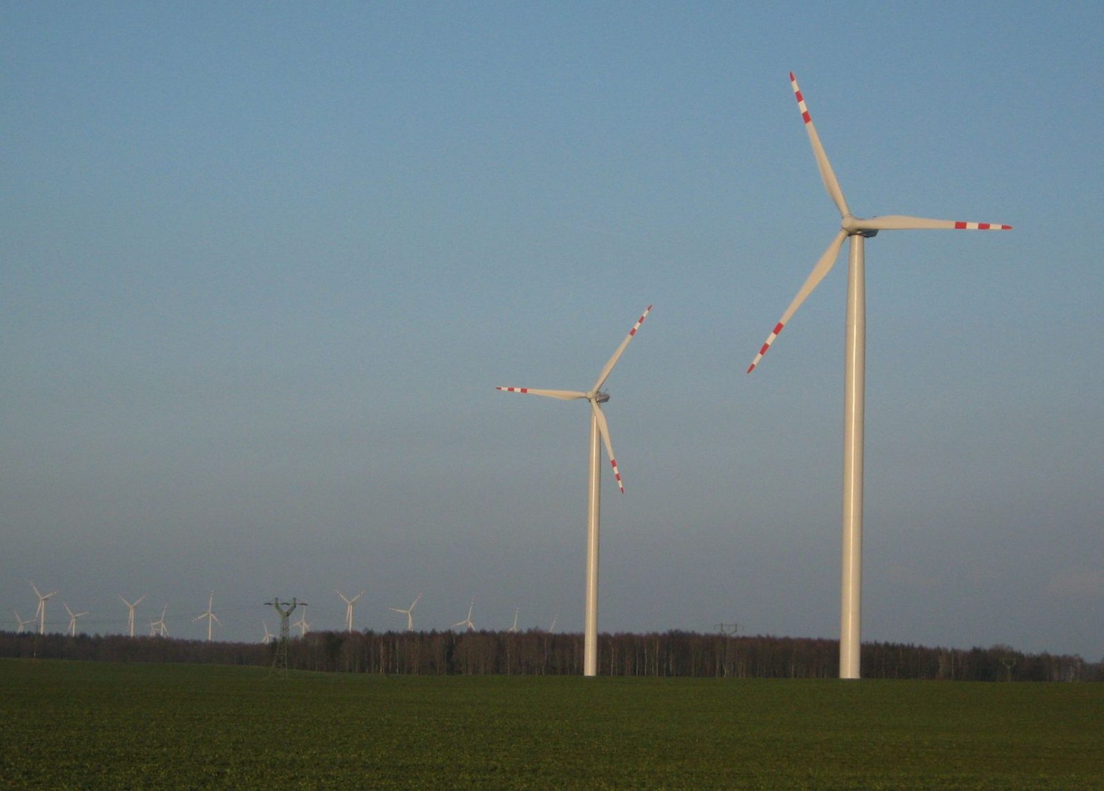 Farma wiatrowa w Polsce na tle pól, ilustracja do raportu o repoweringu Wood Mackenzie