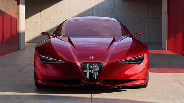 Detal nadwozia konceptu Alfa Romeo Cuorerosso — tarcza Scudetto i reflektory