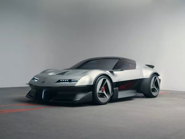 Przód konceptu Alpine A310 Vision z wąskimi światłami i niskim nosem nadwozia