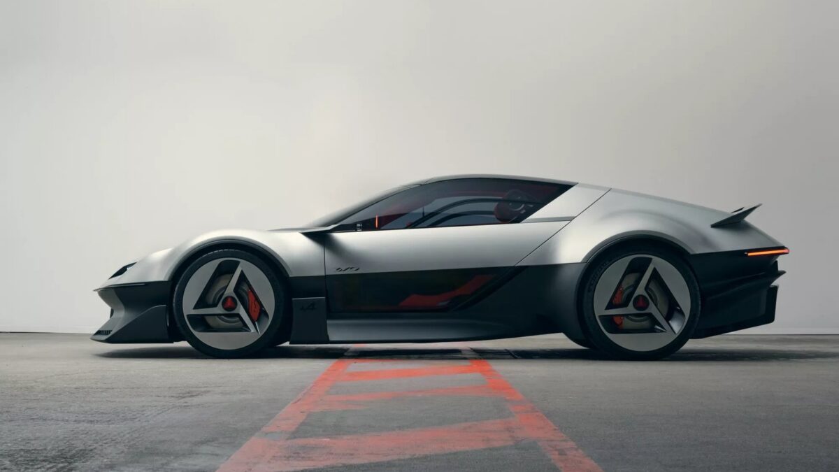 Koncept Alpine A310 Vision w profilu — niskie, srebrne coupé z charakterystyczną linią szyb