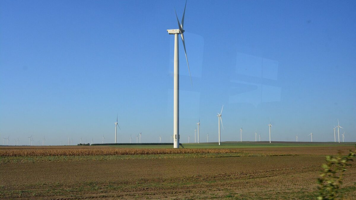 Farma wiatrowa w Rumunii — turbiny wiatrowe w krajobrazie rolniczym