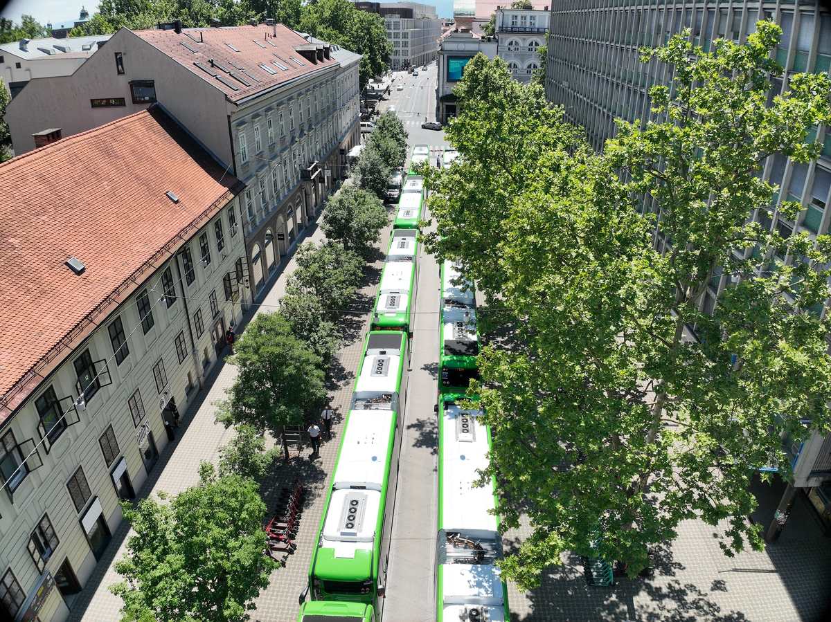 Szereg zielonych autobusów elektrycznych LPP zaparkowanych przy ulicy w centrum Lublany