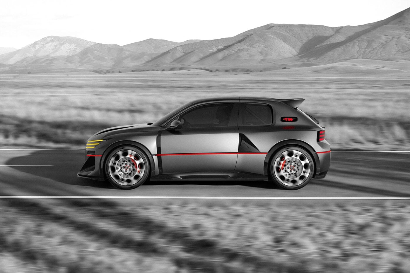 Koncept Peugeot E-T16 Concept z elementami stylistyki rajdowej na tle toru