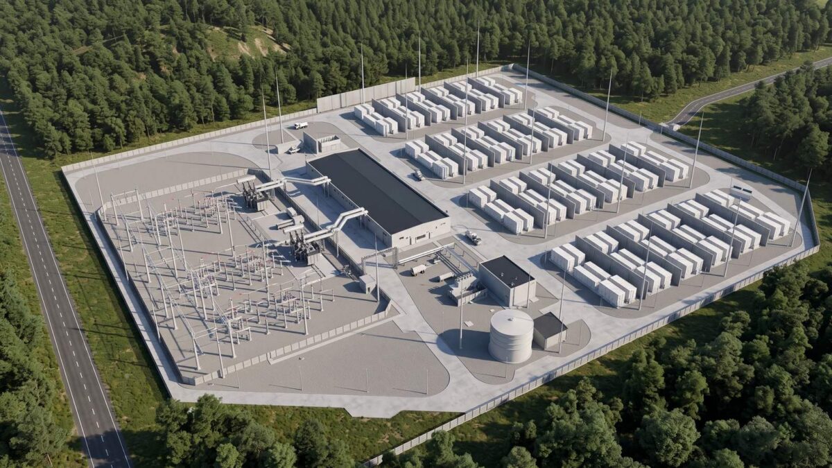 Wizualizacja magazynu energii Gryfino z rzędami kontenerów bateryjnych i stacją transformatorową
