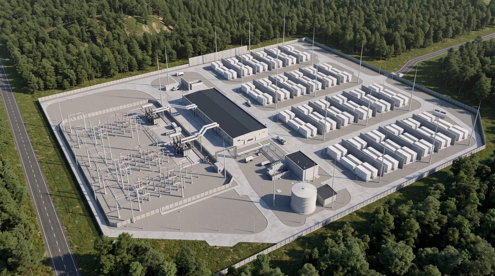Wizualizacja magazynu energii Gryfino z rzędami kontenerów bateryjnych i stacją transformatorową