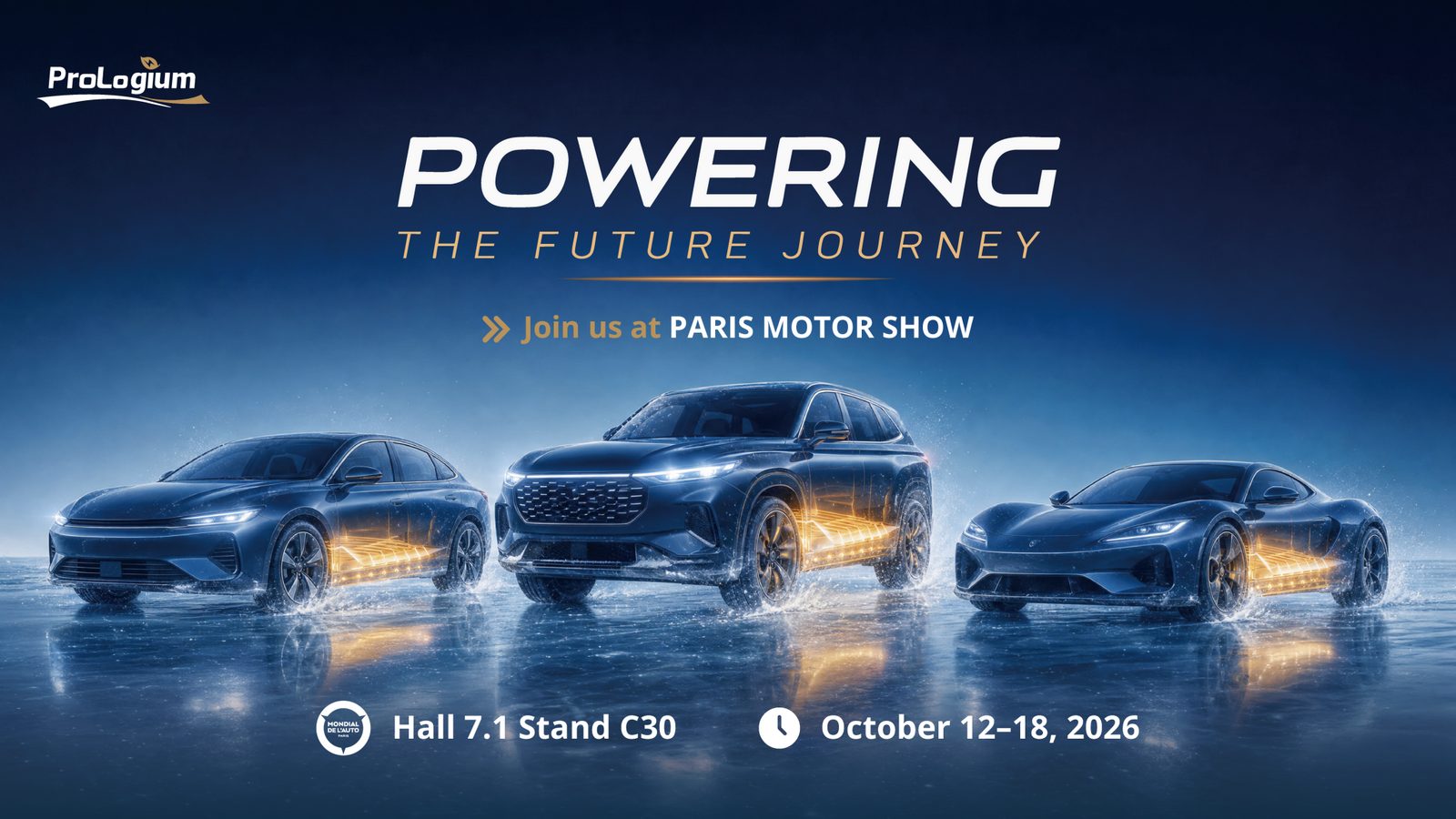 Grafika ProLogium DCN na salon Mondial de l’Auto 2026 z sylwetkami trzech samochodów elektrycznych