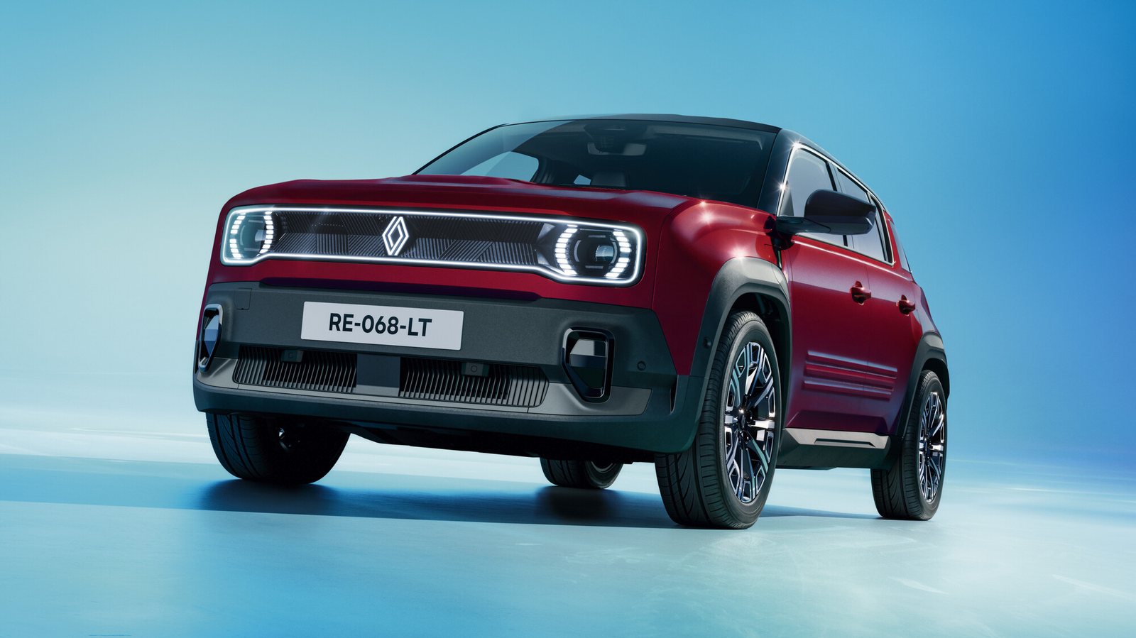 Ciemnoczerwony Renault 4 E-Tech electric, mały crossover, widok z przedniego narożnika