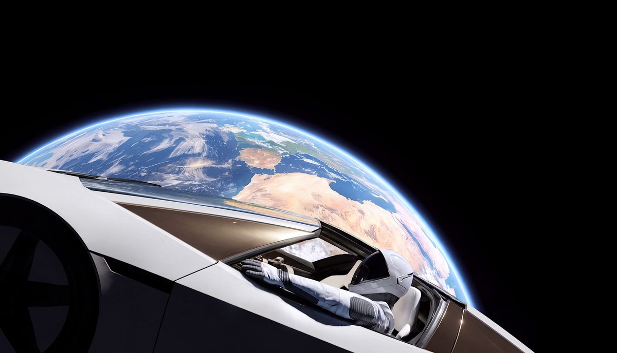 Tesla Roadster na orbicie w renderze producenta — pakiet SpaceX z dyszami na zimny gaz